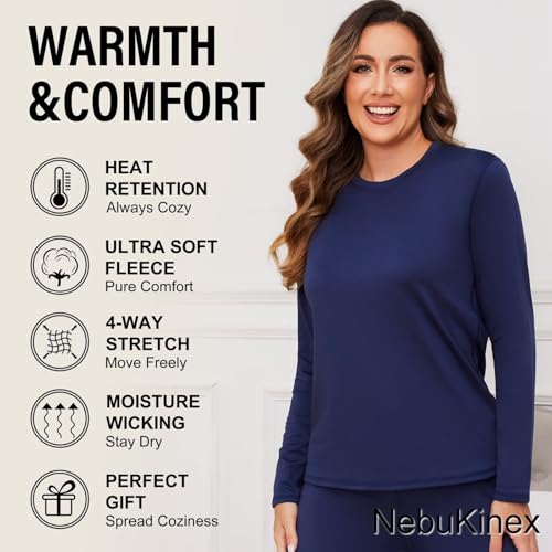 NebuKinex 5 Pack Long Sleeve Thermal Shirts for Women Ultra Soft Fleece-Lined Crew Neck Workout Baselayer Tops