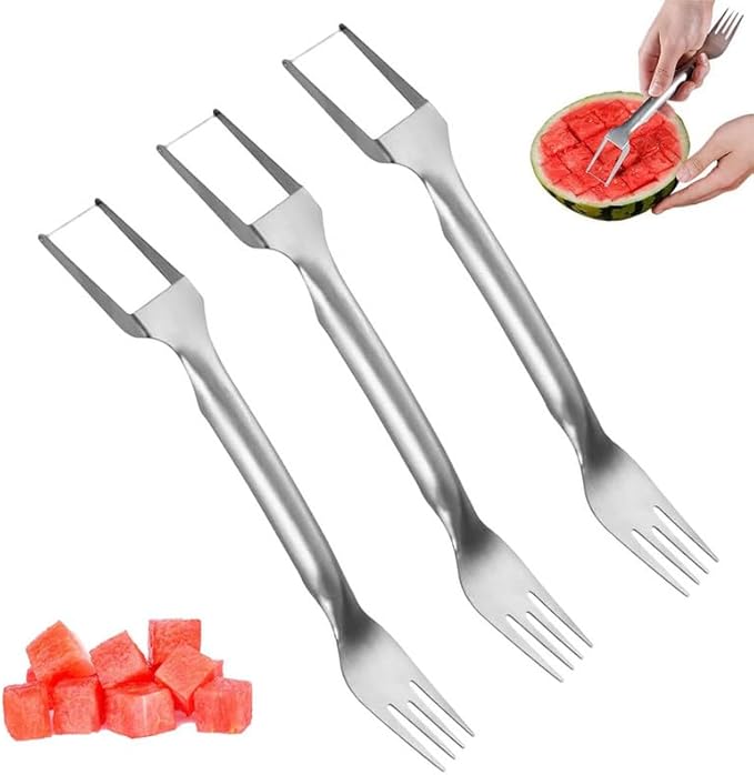 Upgraded 2-in-1 Stainless Steel Fruit Cutter, 2024 New Watermelon Fork Slicer Cutter Slicer Tool, Dual Head Fruit Forks Slicer Knife for Home Kitchen Gadget (3 Pcs)