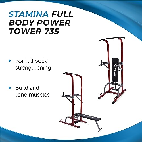 Stamina Full Body Power Tower 735 - Dip Bar with Built-in Bench and Rack - Pull Up Bar Station with Smart Workout App - Di...
