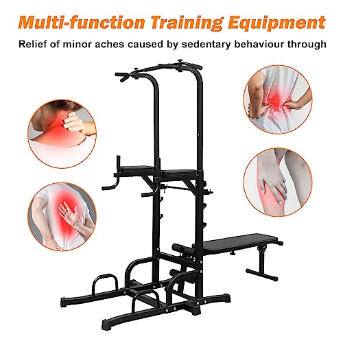 SculPong Pull Up Bar Station Adjustable Power Tower for Home Gym Strength Training Dip Stands with Bench