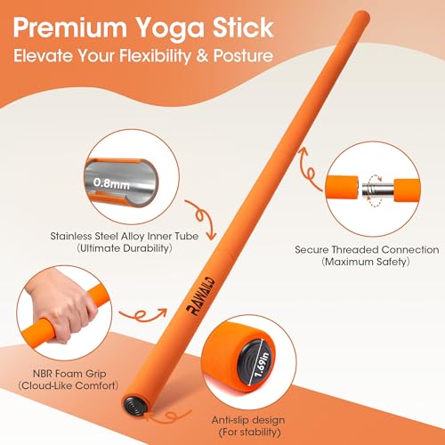 RAWAILD Yoga Stick, Upgraded 5ft Sturdy Steel Mobility Stick, Adjustable Exercise Equipment for Stretching, Flexibility & ...