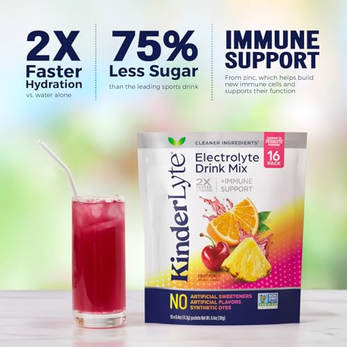 Kinderlyte Electrolyte Powder for Kids and Adults - Drink Mix Hydration Packets (Fruit Punch, 16 Count), No Artificial Swe...