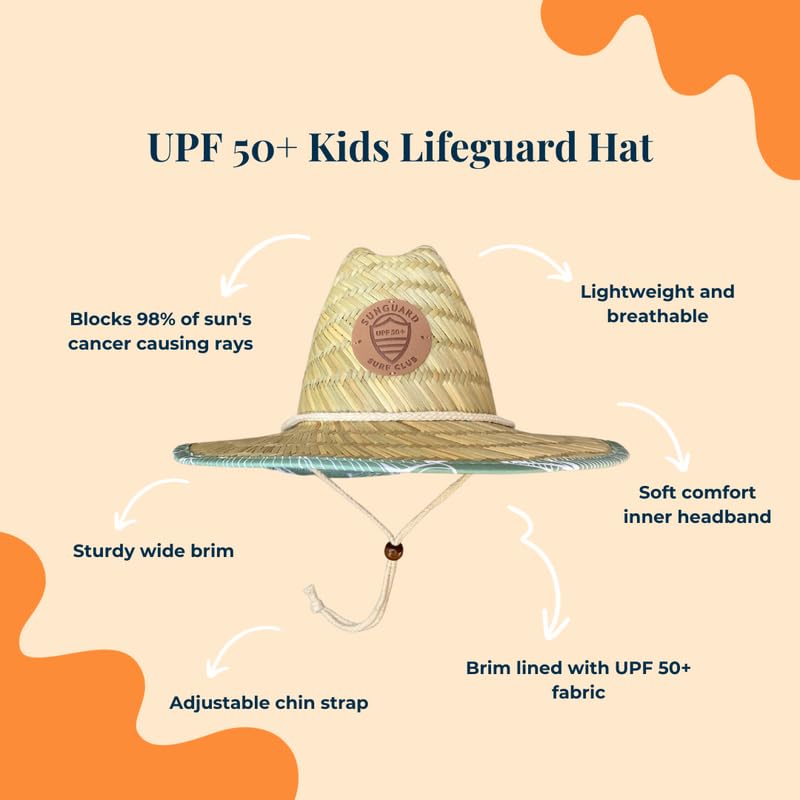 Sunguard Swim Baby, Kids Straw Hat (6mos-8yrs) UV Toddler Lifeguard Hat for Beach - Surf Hemlock Kids Sun Hat for Boys, Girls