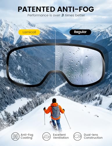 Lamicall Ski Goggles with 3X Anti-Fog - 100% UV Protection, OTG, Gifts for Skiing, Snowboard, Snowmobile, Men, Women