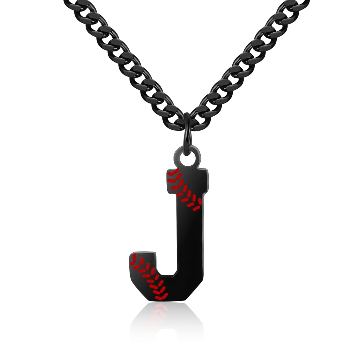 AIAINAGI Baseball Initial A-Z Letter Necklace for Men Baseball Charm Pendant Stainless Steel Black Chain 22inch Personalized Bas