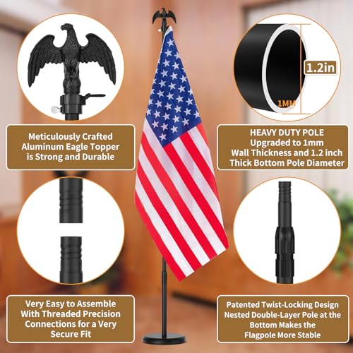 8 FT Indoor Flag Pole and Stand, Heavy Duty Indoor Flag Pole Kit with Weighted & Thickened Base, Eagle Topper, 3x5 FT Amer...