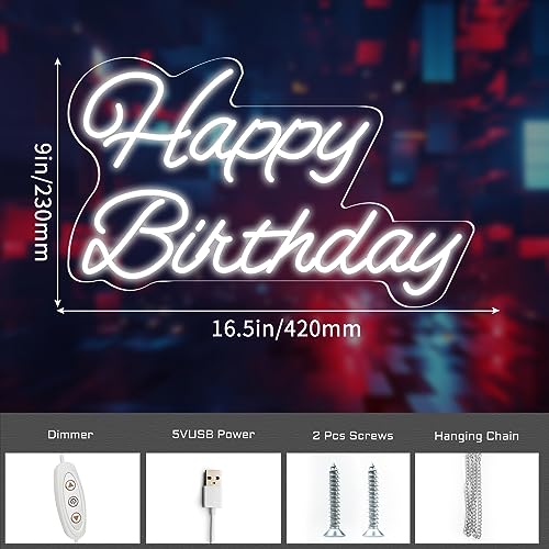 Happy Birthday Neon Sign 16 Inch Reusable Happy Birthday LED Light Up Sign with Dimmable ON/OFF Switch for Birthday Party ...