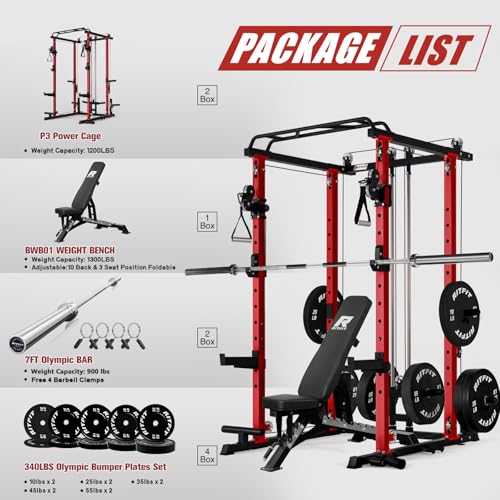 RitFit Multi-Function Garage & Home Gym Package Includes 1200LBS Power Cage PPC03/P3 with Cable Crossover System, Weight B...