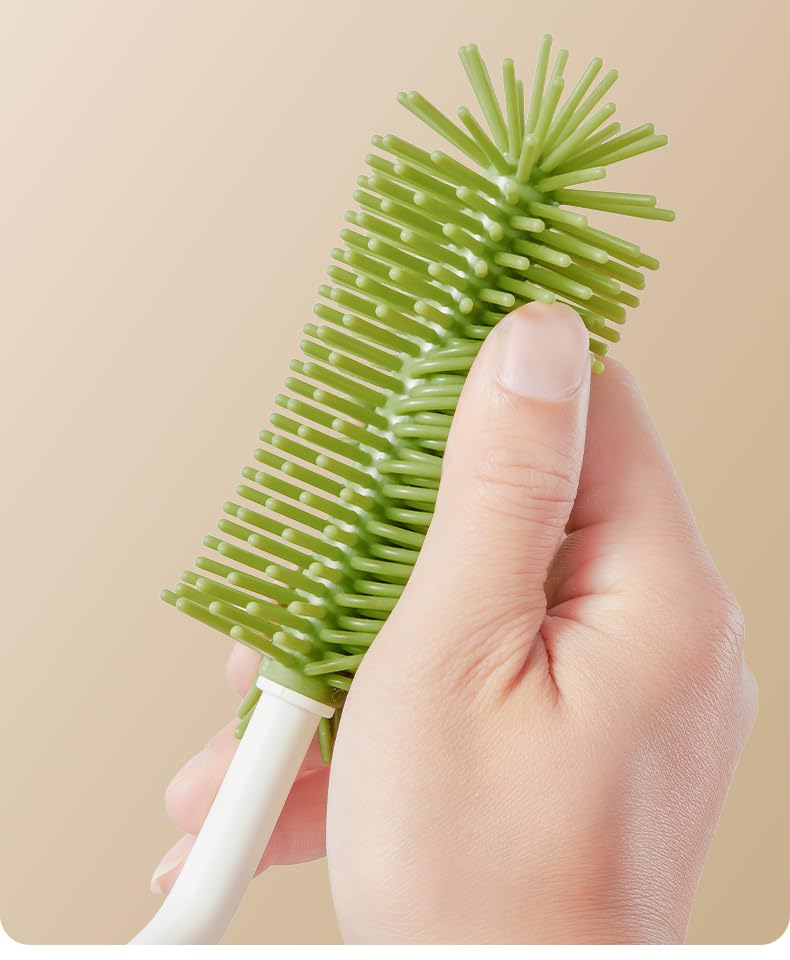 360° Rotating Silicone Bottle Cleaning Brush Set, Includes Baby Bottle Brush, Nipple Cleaner, Straw Brush and Drying Stand. (Green)