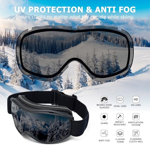 SPOSUNE OTG Ski Goggles Men Women, Over Glasses Anti Fog Snowboard Goggles, UV Protection Snow Goggles for Adult & Youth