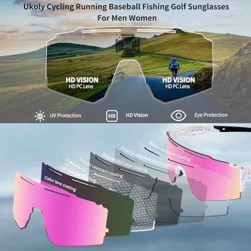 Ukoly Cycling Sunglasses for Men Women with 3 Interchangeable Lenses, Polarized Sports Sunglasses, Baseball Sunglasses