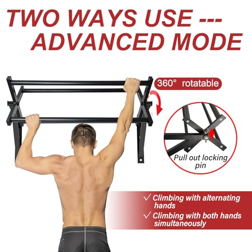 BESTHLS Wall Mounted Pull Up Bar and Dip Station, Heavy Duty Wall Mount Pull-up Chin Up Bar Multifunctional Home Gym Worko...