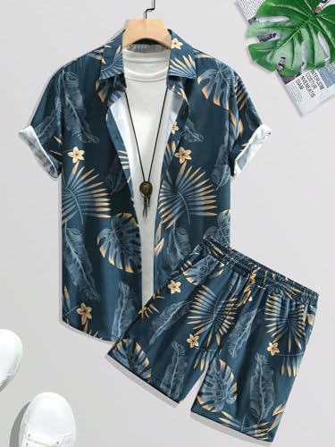 WDIRARA Men's 2 Piece Beach Outfits Tropical Floral Print Short Sleeve Button Shirt and Shorts Set