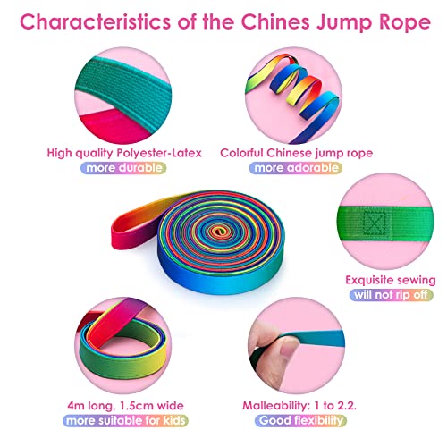 Cikyner Chinese Jump Rope, 4m Long 1.5cm Wide Elastic Chinese Ropes with Instructions French Skipping Rainbow Band for Ind...