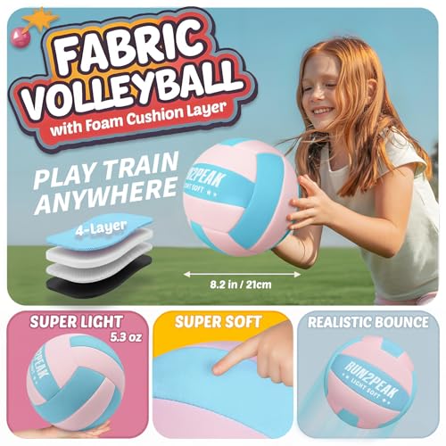 RUN2PEAK Super Soft Light Volleyball - Safe and Quiet Fabric Volleyball Ball for Indoor Play - Official Size 5 Kids Youth ...