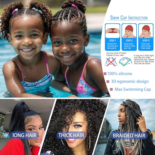 Extra Large Swim Cap for Kids Black Girls Aged 4 to 16 with Long Hair Braids Dreadlocks, Waterproof Silicone Swimming Hat ...