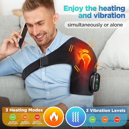 Cordless Portable Shoulder Heating Pad & Massager, Heating Vibration Shoulder Wrap, Shoulder Brace for Pain Relief, Rotato...