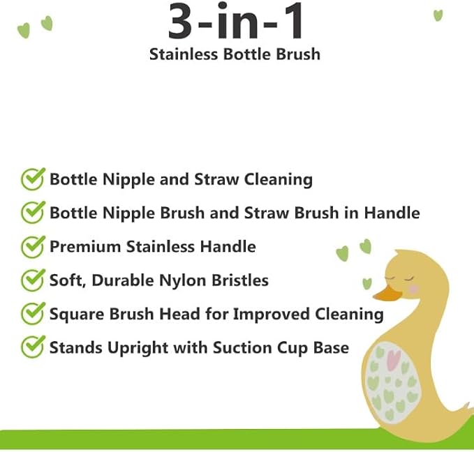 3-in-1 Stainless Bottle Brush for Baby Bottles - Water Bottle Brush Cleaner with Nipple and Straw Brush, Long Bottle Washer, Cup and Tumbler Cleaner Brush. (Pack of 2)