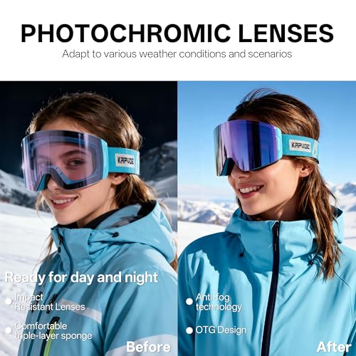 KAPVOE Photochromic Ski Goggles Snowboard OTG Snow Glasses Magnetic Lens Men Women UV400 Protection Anti fog skating K718