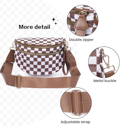 kuifang Checkered Bum Bag Crossbody Bag for Women, Spacious Purse Oversized Fanny Packs（Brown）