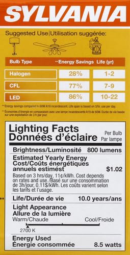 Ledvance Sylvania Led A19 Light Bulb, 60W Equivalent, Soft White, 8.5W, 4 Pack, Medium Base, Model 73888