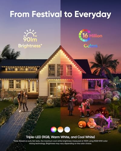 eufy Permanent Outdoor Lights E22, 100ft with 60 Triple-LED Lights, Smart RGBWW for Christmas, Daily and Holiday, Up to IP...
