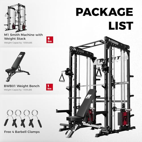 RitFit M1 Pro Smith Machine Package, All-in-One Power Cage with Weight Stack Set, Includes LAT Pulldown & Cable Crossover ...