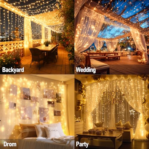 Dazzle Bright 300 LED Curtain Lights, Plug in Fairy Curtain Lights for Bedroom, Christmas Hanging String Lights Outdoor fo...