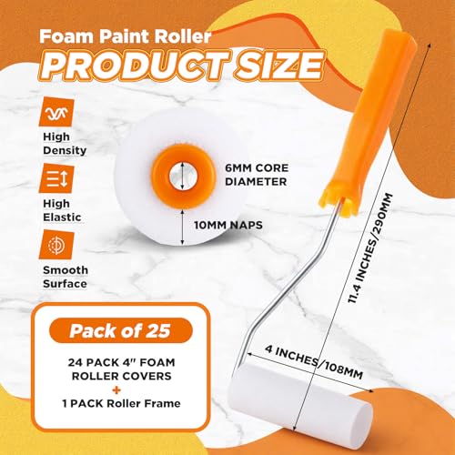 Acellegic 24 Pcs 4 Inch Foam Paint Rollers with Roller Frame Kit High Density Foam Paint Roller House Painting Supplies, M...