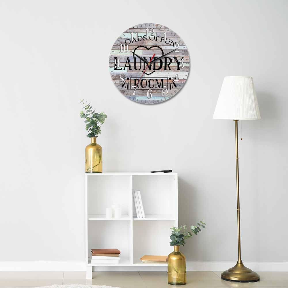 Mxocom Laundry Room Wall Clock Colored Wooden Boards Simple 10 Inch Silent Non Ticking Battery Operated Clock Vintage Round Clock for Living Room Bedroom Bathroom Office Decor