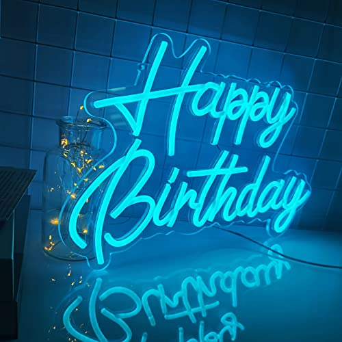 Happy Birthday Neon Sign Reusable Ice Blue LED Neon Night Light Birthday Party Decorations USB Operated Decorative for Bac...