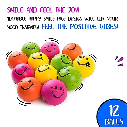 Neliblu Neon Smile Stress Balls for Adults and Kids - Foam Squeeze Ball for Relaxation and Fun - Pack of 12 Happy Face 2....