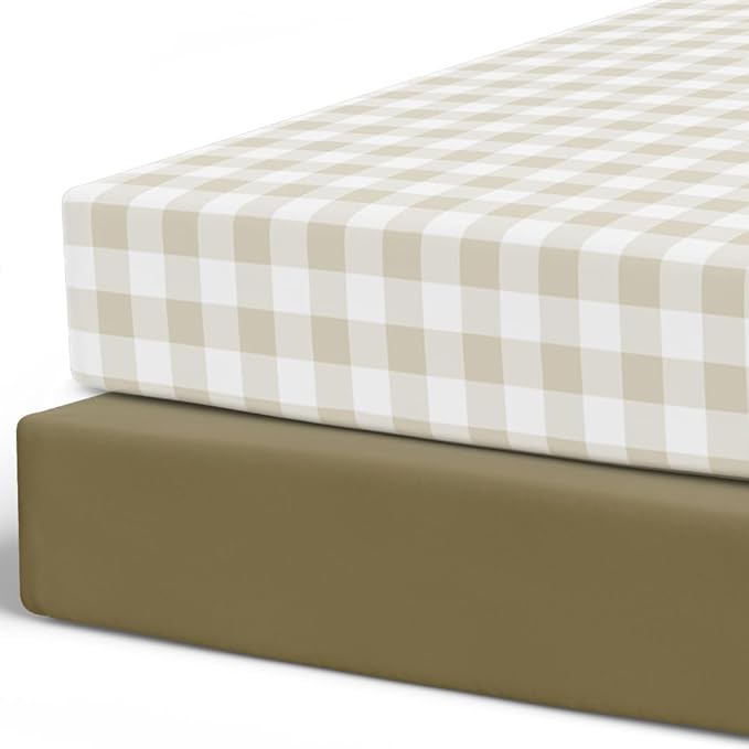 Pobibaby – 2 Pack Crib Sheets for Boys, Premium Fitted Baby Boy Crib Sheets for Standard Crib Mattress – Ultra-Soft Jersey Knit, Safe and Snug, Stylish Design (Gingham Khaki)