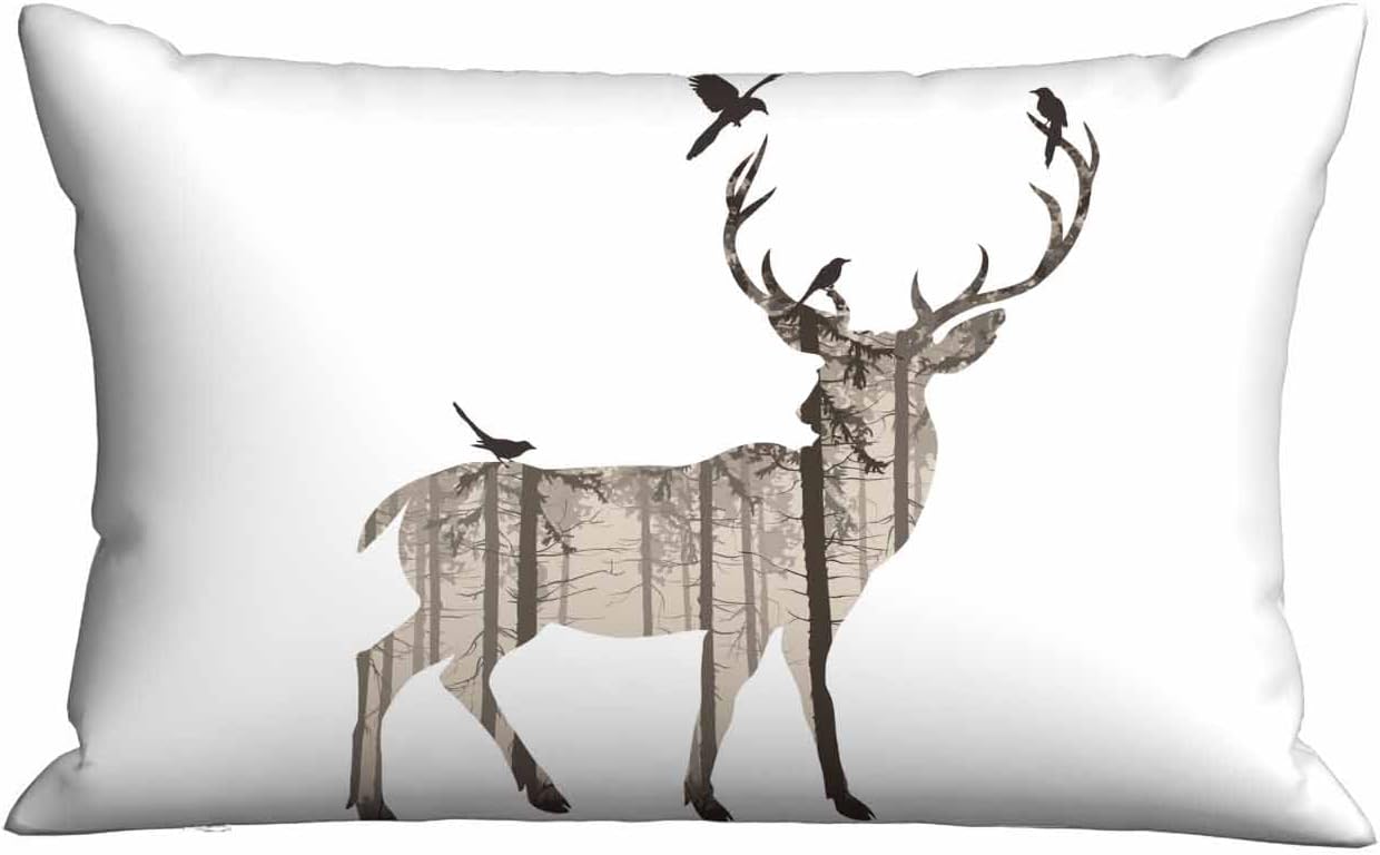 Mugod Rectangle Pillowcase Silhouette of Deer and Pine Bird,Standard Throw Cushion Cover for Bed Couch Sofa Office Decor 20x30 Inches
