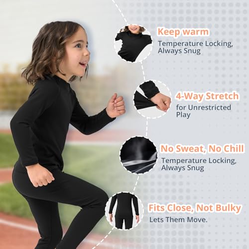 PUMYOON 2T-6Y Fleece Lined Toddler Thermal Set, Thermal Underwear for Kids, Black Base Layer Long Johns for Boys Girls