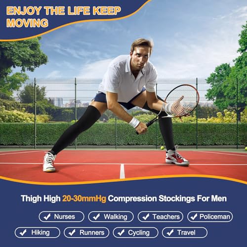 Zhanmai 2 Pairs Thigh High Men's Compression Socks 20-30 Mmhg Compression Stocking with Silicone Grip Men's Dress Socks (...