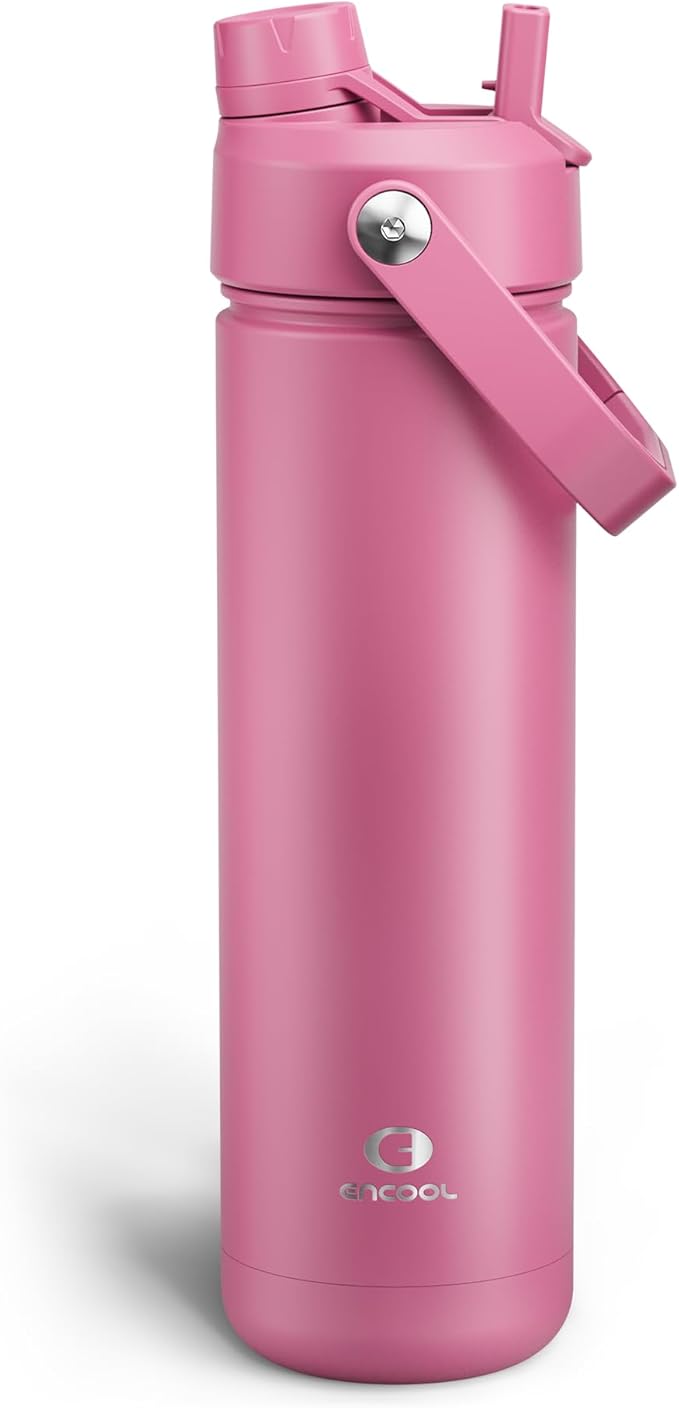 ENCOOL Insulated Water Bottle with Straw Stainless Steel Water Bottle, Leak-Proof, BPA-Free, Double Wall Vacuum Keeps Cold for 24 Hours for Sports, Travel, School (26 oz, Turkish Rose)