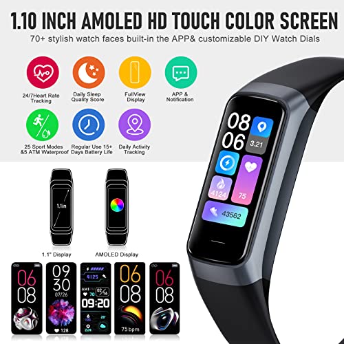 Fitness Tracker with 24/7 Heart Rate Blood Oxygen Sleep Monitor, 1.1" AMOLED Touch Screen Activity Tracker Smart Watches, ...