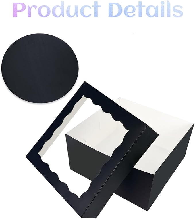 qiqee Black 10x10x8 Cake Box, 18 Sets Cake Box with Window ＆ 18 Sets 10" Cake Round Boards, 10inch Cake Containers, 10 Meters Pink Silk Ribbon Includes