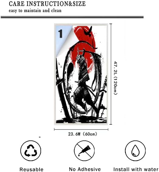 Japanese Samurai Decorative Window Film Watercolor Ink Samurai Sword Red Sun Printdining Room Window Film,Dorm Room Glass Film 23.6Wx47.2L-Inch X1Pcs
