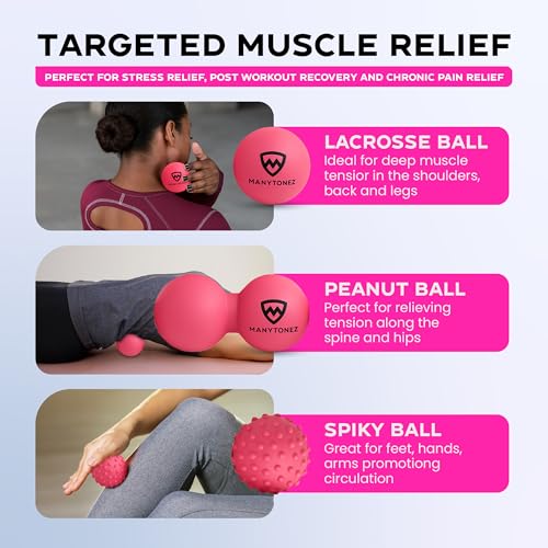 MANYTONEZ Hard Massage Ball Set - Lacrosse, Peanut, Spiky Ball (Medium Firm) with Carry Bag & eBook Guides - for Trigger P...