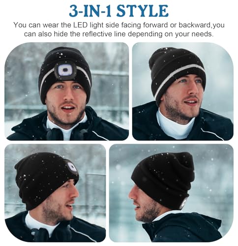 MELASA Reflective Stripe LED Beanie Safety High Visibility Winter Hat with Light for Outdoor Work Sports Gifts for Men Dad