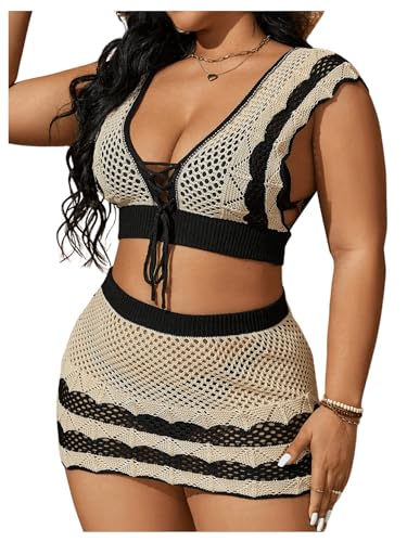 WDIRARA Women's Plus Size Two Piece Swimwear Lace Up V Neck Crop Swim Top and Hollow Out Cover Up Beach Skirt