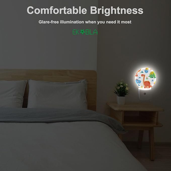 EKOBLA Dinosaur Night Light Cartoon Round LED Wall Plug-in Nightlights with Auto Sensor, Dino Night Light - Cute Dinosaur Theme Dusk to Dawn Lighting for Boys & Girls (Soft Glow Sleep-Friendly)