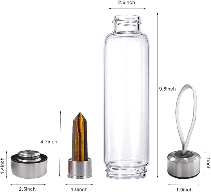Crystal Glass Water Bottle,Water Bottle With Gemstone Center Crystal Elixir Bottle,Removable Gemstones Creative Water Cup Crystal Column Magic Wand Energy Cup for Gifts (C-Tiger's Eye)