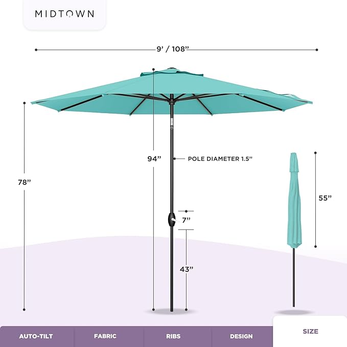 Midtown Umbrellas 10-Year-No-Fade - 9 Ft - UV Proof Pear Green Polyester Fabric - Umbrella Outdoor Patio, Auto-Tilt Aluminum Frame Patio Umbrella for Garden, Pool & Deck - Black Pole