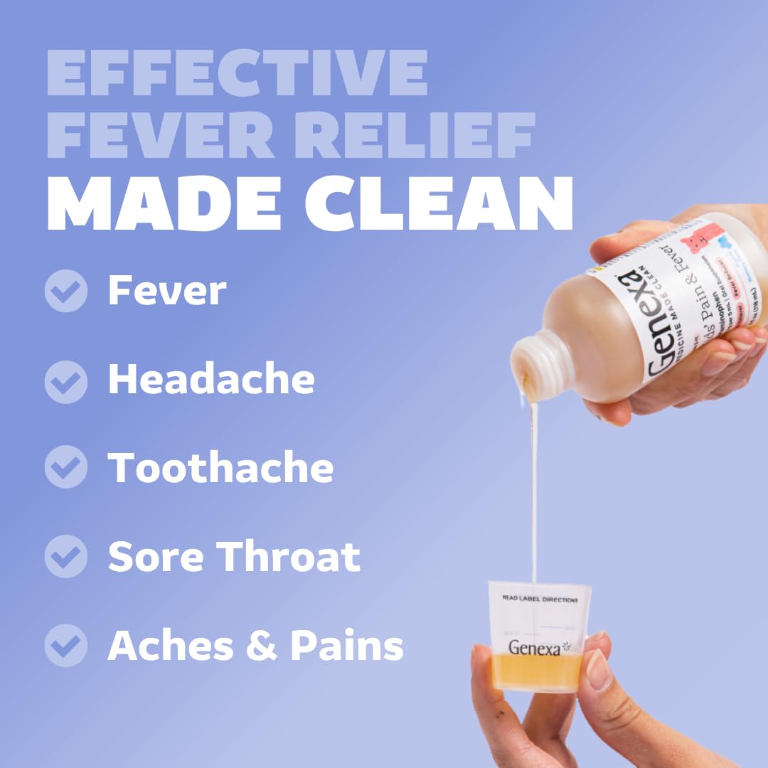Genexa Kids' Clean Cough, Pain & Fever Acetaminophen Value 3-Pack, Dye Free, 0% Artificial Additives, Cough Care for Children, Fever & Pain Reliever, 12 fl oz (3 Bottles)