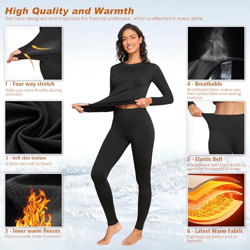 HiZiTi Thermal Underwear Women Long Johns Set Fleece Lined Warm Base Layer Long Sleeve for Weather Top Bottom Pajama