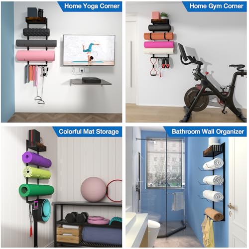 Yoga Mat Holder Wall Mount - Tool-Free Adjustable Yoga Mat Rack Shelf with 6 Rods & Basket, All-in-One Foam Roller Holder ...