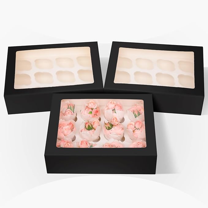 Bakepacker 12 Cupcake Containers 20-Packs Black Cupcake Box Cupcakes Carrier, 12 Cupcake Boxes with Window 13"x10"x3.5"（Auto-pop up）